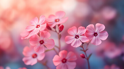 A macro shot of pink creeping phlox flowers  a blurred soft color background