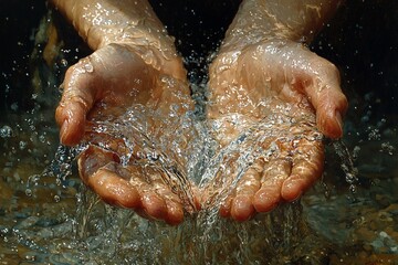 Jesus, hands in water, pouring out the stream of pure living waters to show that he is the source and life for all people