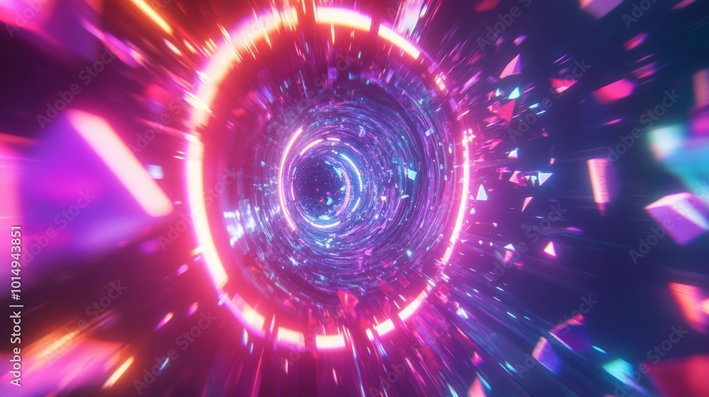 Poster a vivid and colorful vortex emerges in a dark space, featuring swirling neon lights and dynamic refl