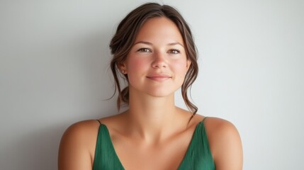 Serene Young Woman in Green Dress Smiling Gently