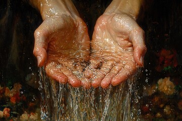 Fototapeta premium Jesus, hands in water, pouring out the stream of pure living waters to show that he is the source and life for all people