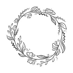 Floral frame with branches leaves and plant with line style. Wreath vector illustration in vintage style for wedding, greeting card, invitation card and your text.