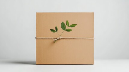 A brown box with a leaf tied up. Concept of nature and eco-friendliness. Concept of nature and eco-friendliness