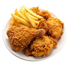 Delicious fried chicken with french fries isolated on transparent background