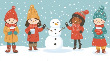 Children Building Snowman in Winter Wonderland Illustration