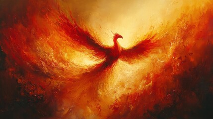 Dynamic oil ink art of a phoenix rising in vibrant reds and yellows positioned from a wide-angle to capture the movement and energy in the piece 