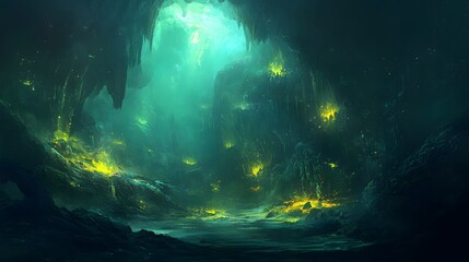 Obraz premium Mysterious Glowing Underwater Cave Landscape