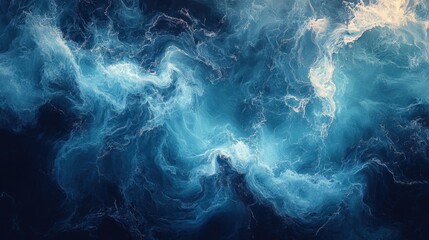 Fluid oil ink art of swirling ocean currents using deep blues and greens captured from a side-angle to highlight the movement and texture of the waves 