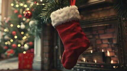 A festive Christmas stocking hangs from a decorated tree