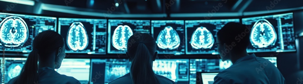 Poster three medical professionals look at computer monitors displaying brain scans.