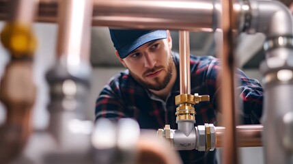 Skilled Plumber Installing Pipes in Residential Space