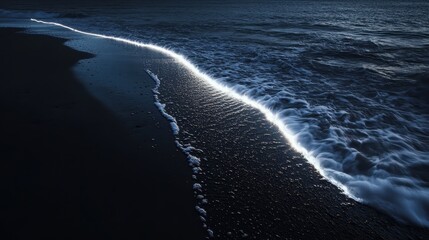 Fototapeta premium Nighttime beach scene with waves gently touching the shore, illuminated by moonlight