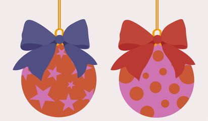 Set of colorful Christmas ornaments with big bows, vector illustration 