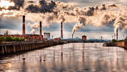 Obraz premium Polluted water nature and factory chimneys