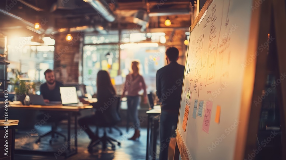 Poster an office scene featuring a modern workspace with people engaged in various activities, such as work