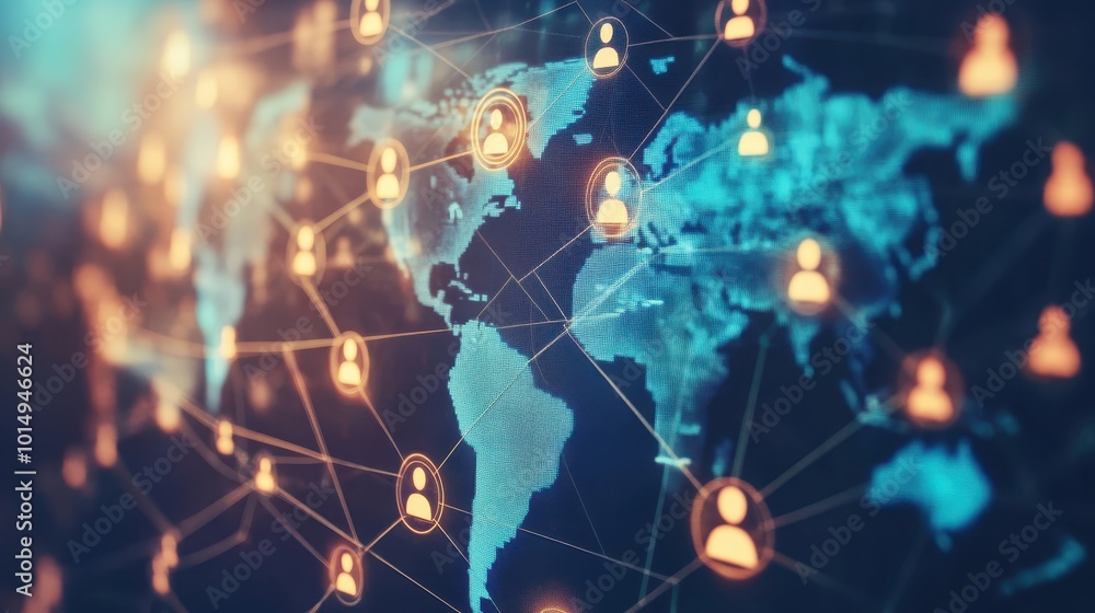 Poster stylized digital representation of a world map with illuminated nodes and connections, suggesting gl