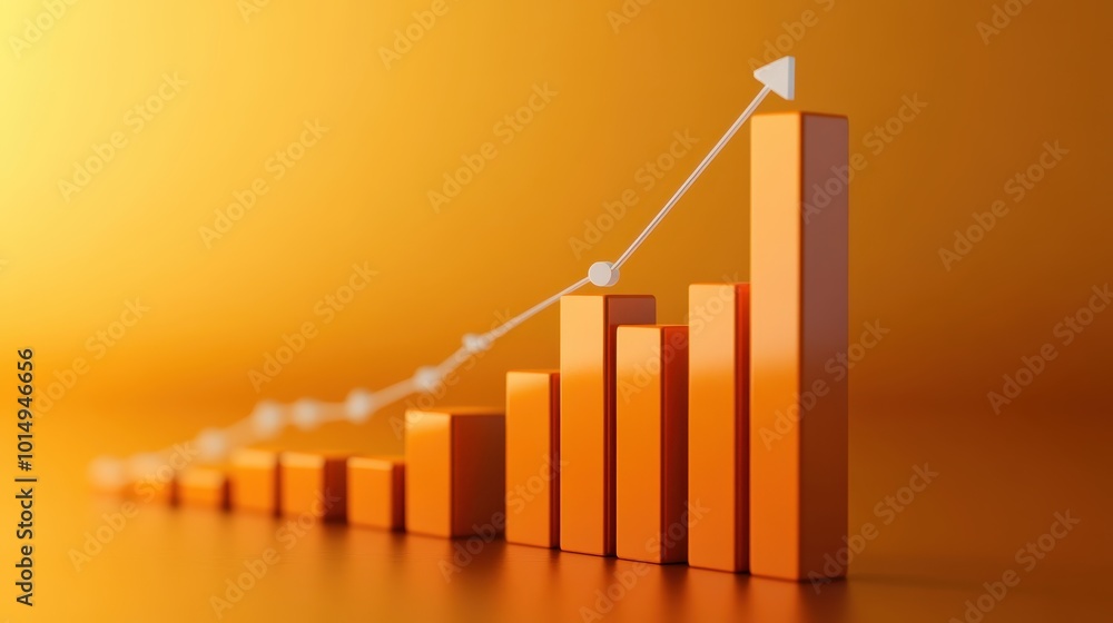 Poster 3d bar graph with rising values and a line graph overlay, indicating an upward trend, set against an