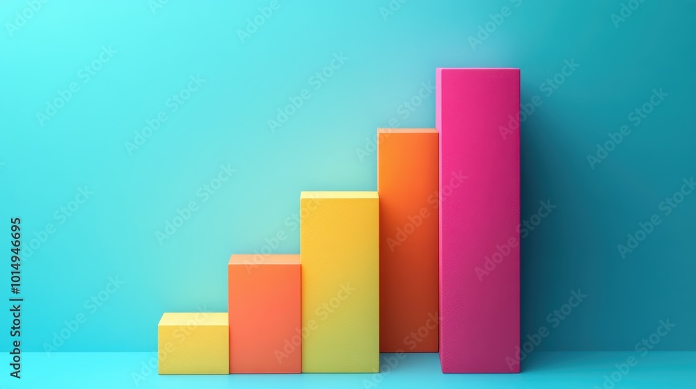 Poster set of five colorful bars in ascending order against a blue background, creating a bar graph