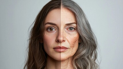 Fototapeta premium Woman, the left side of her face is about 20 years old with brown hair and the right side of her face has aged with subtle wrinkles and her hair is grey, white background