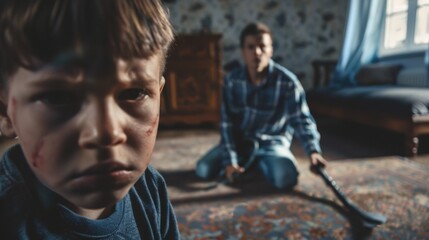 A young boy sitting on the floor in a cozy living room, great for family or kid's concept illustrations