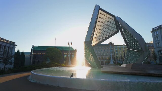 Poznan, Poland - September 20, 2024: Fountain at Freedom Square in Poznan on a beautiful autumn sunny morning.