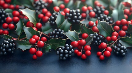 Red and Black Holly Berry and Leaf Festive Christmas Table Arrangement 3D