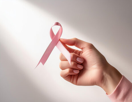 Mano de mujer con el lazo de lucha contra el cancer de mama por campa&ntilde;a mundial de prevenci&oacute;n, concienciaci&oacute;n y esperanza en la lucha solidaria por la salud femenina