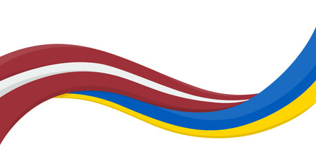 Wavy ribbon banner of Ukraine National flag with Latvia National Flag. Unity and cooperation symbol. Logo for charity social events, NGO, sports team, peace summit. Vector illustration.