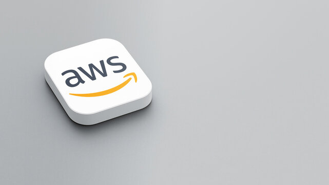 An icon of the AWS logo on a gray background, a white square with rounded corners, a minimalistic design, 3D rendering.	
