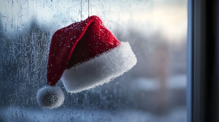 Festive Santa Hat Hanging on Frosty Window for Holiday Decor
