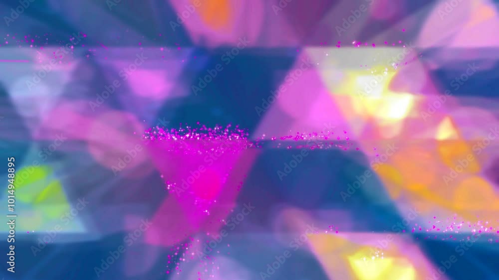 Poster a captivating loop of smoothly moving transparent geometric shapes, seamlessly blending vibrant colo