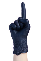 Female hand in black glove pointing finger up on white background isolated