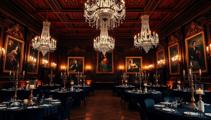 Luxurious banquet hall set up with glowing candlelight, elegant table settings, and dramatic red curtains, perfect for hosting formal evening events or masquerade balls in a sophisticated atmosphere.

