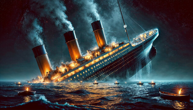Large Ship Like RMS Titanic Sinking in the Sea after a Shipwreck
