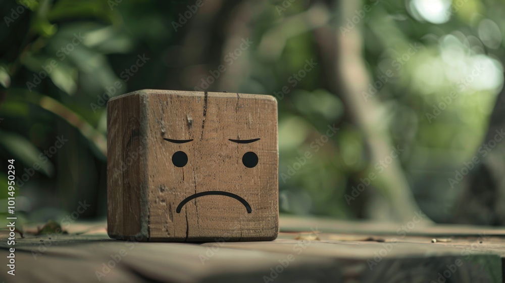Poster a simple wooden block with a hand-drawn sad face, great for adding a touch of whimsy to your design
