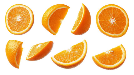 A close up of an orange with a slice missing.on a transparent background. PNG format