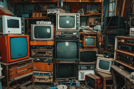 A room filled with old televisions and electronic devices stored away