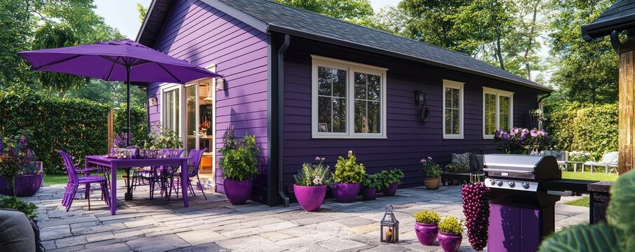 Plum house with violet vinyl siding, a berry-inspired patio with a plum dining table, grape grill, mulberry umbrella, and purple potted plants