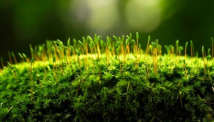 Fototapeta premium Lush green moss with delicate sprouts under soft natural lighting