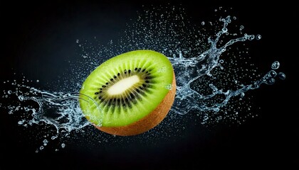 Kiwi slice splashing in water on a black background.