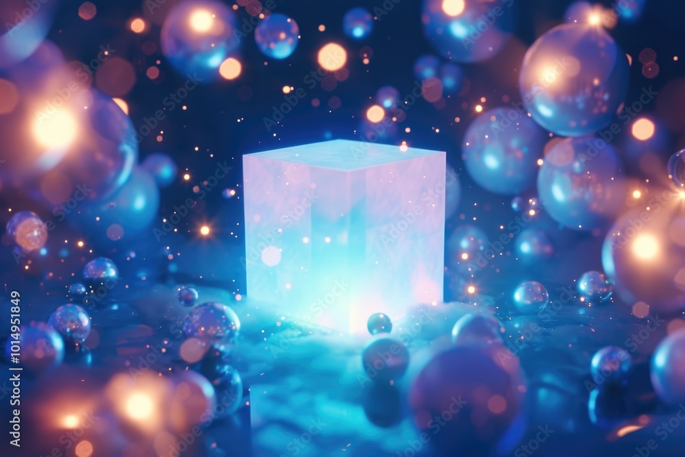 Poster a glowing cube surrounded by colorful bubbles, suitable for use as a decorative element or to repres