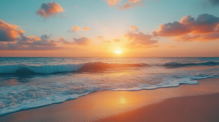 Oil ink artwork of a peaceful beach scene at sunset with soft pinks and blues blending into the sky captured from a high-angle to emphasize the horizon and the gentle waves 