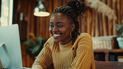 A woman sits at a desk with a laptop open, likely working or browsing
