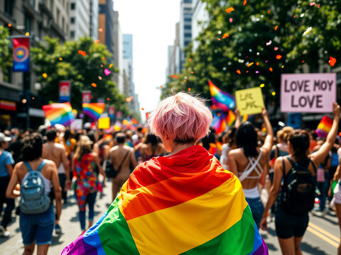 Person with pink hair wrapped in rainbow flag at LGBTQ pride parade with colorful crowd
 - Powered by Adobe