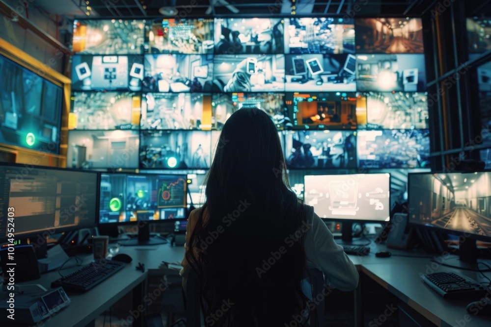 Poster a person sits at a desk with several computer screens in the background, perfect for use in office o