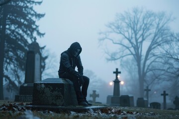 A person sitting on a tombstone in a quiet cemetery, contemplating life and death