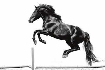 A black horse in motion, clearing a wooden fence with ease