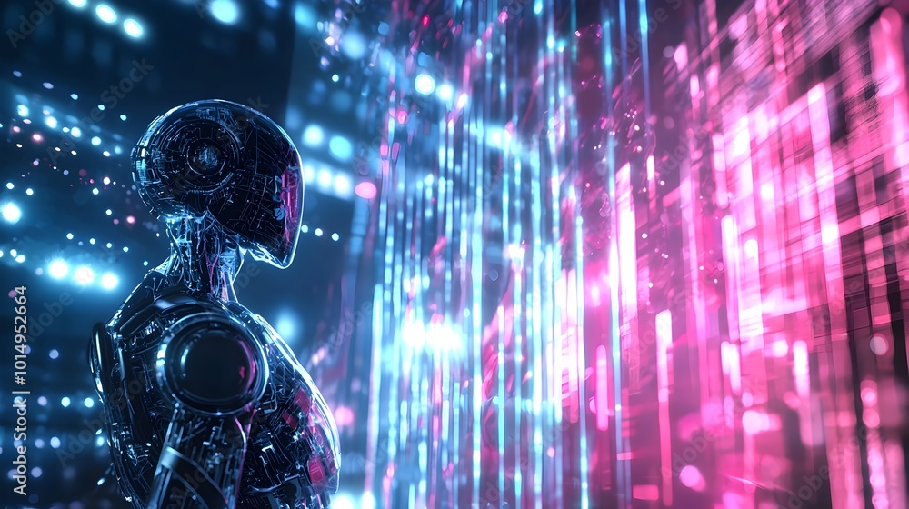 Aufkleber robotic singer's mesmerizing virtual stage performance with captivating digital effects