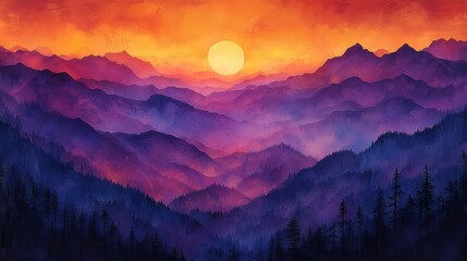 Obraz premium Vibrant oil ink sunset over a mountain range with bold oranges and purples captured from a panoramic angle to showcase the blending of the sky and the silhouette of the mountains 