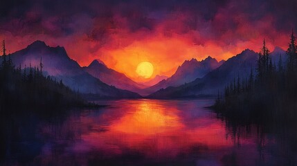 Obraz premium Vibrant oil ink sunset over a mountain range with bold oranges and purples captured from a panoramic angle to showcase the blending of the sky and the silhouette of the mountains 